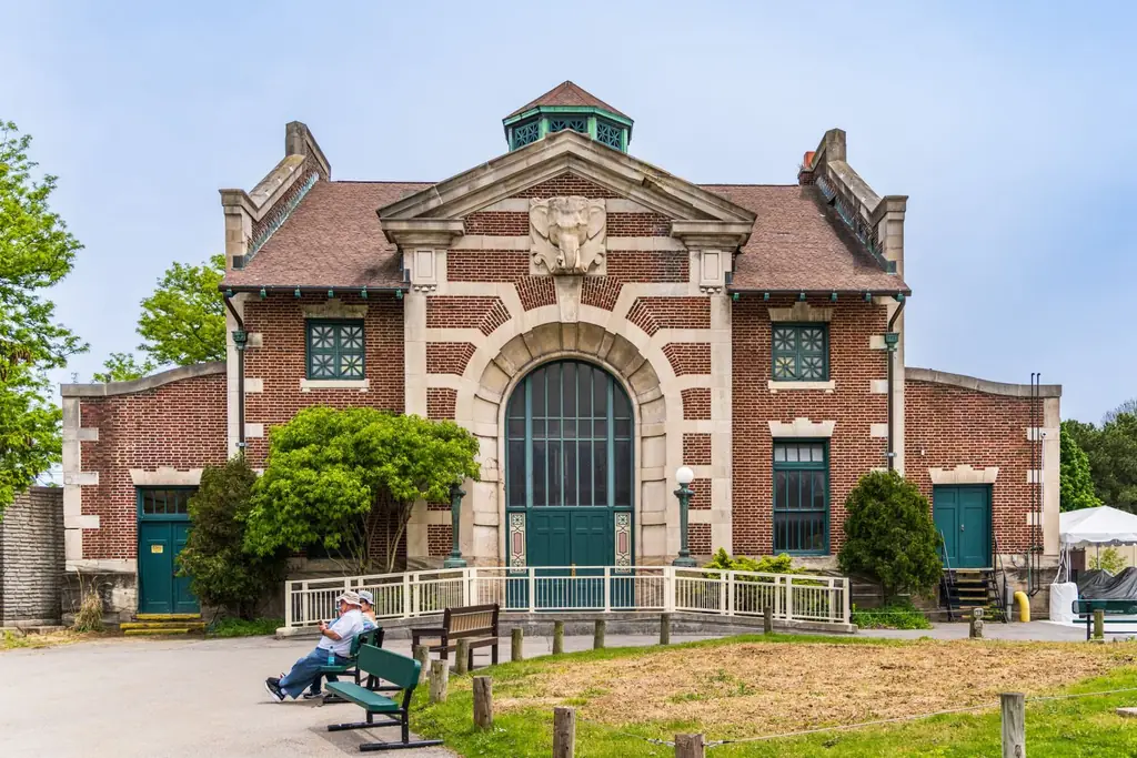 Front view of the historic Elephant House at the Buffalo Zoo, a landmark of unique architecture