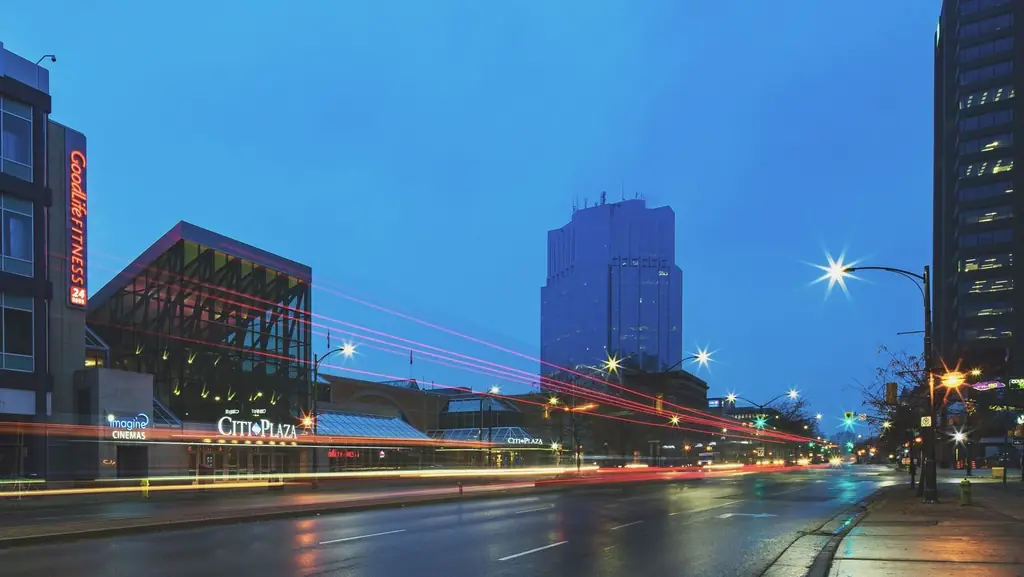 Night cityscape of downtown London, Ontario highlighting light trails and urban architecture