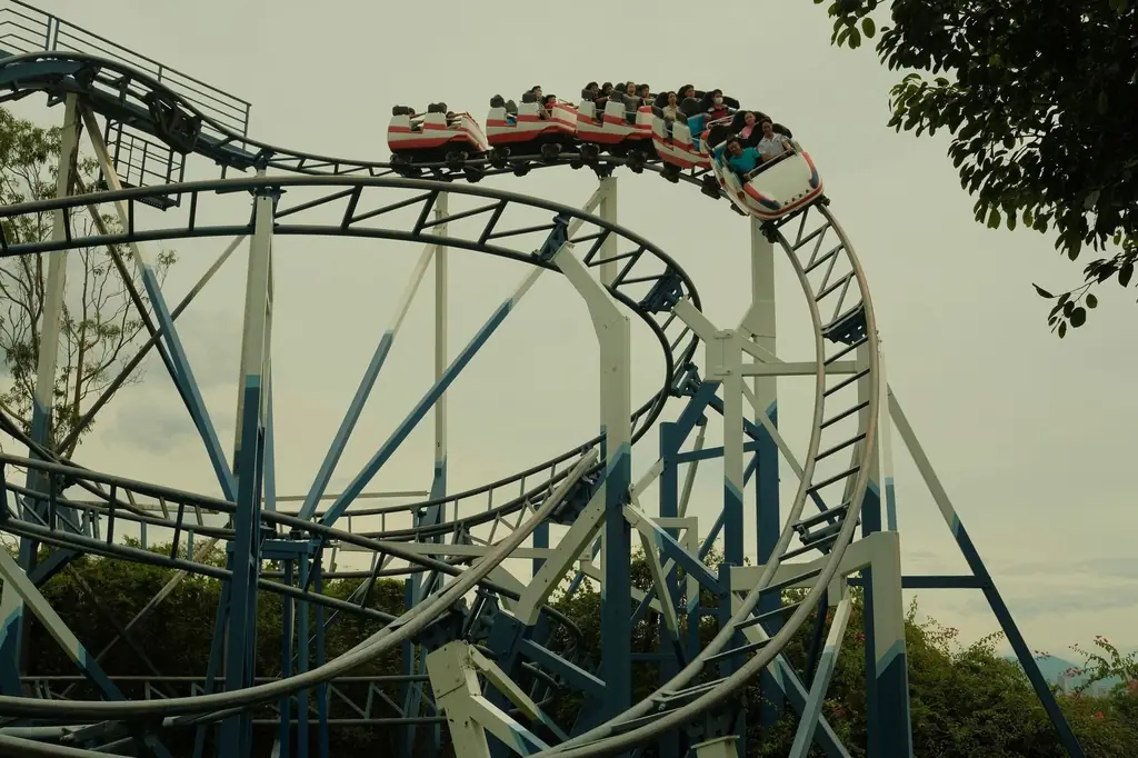 Thrilling roller coaster ride in an outdoor amusement park setting during the day