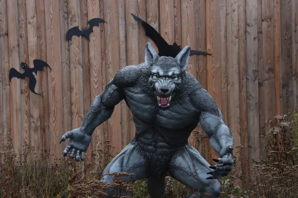 Scary werewolf statue with bats on a wooden backdrop