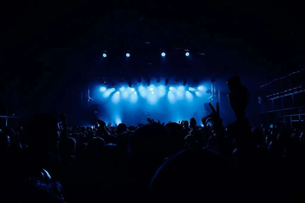 Concert scene with a lively crowd and dramatic blue stage lighting