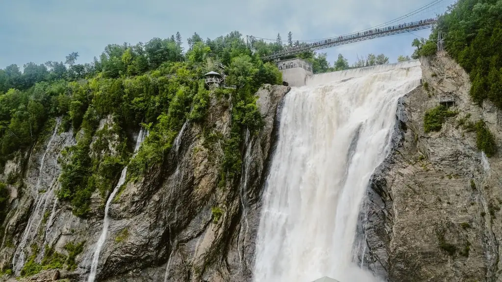 View of Montmorency Falls with lush greenery and a suspension bridge in Québec City