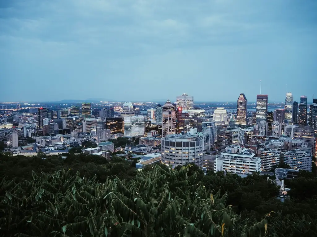 View of Montreal's skyline at twilight from Mount Royal showcasing city lights and architecture