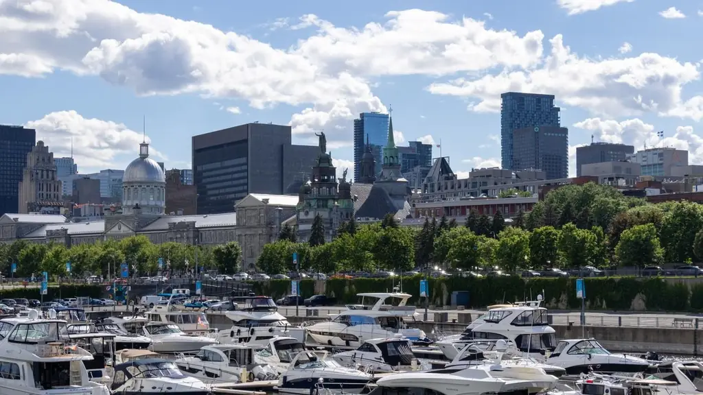 View of Montreal's Old Port marina with city skyline and boats on a sunny day