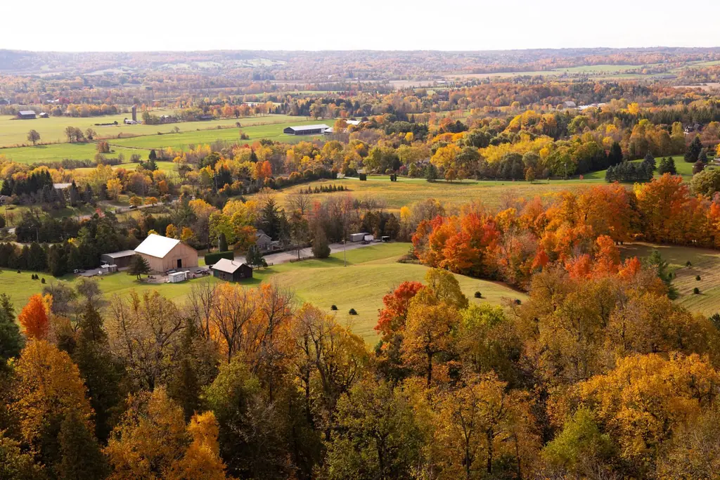 Autumn aerial view of countryside near Burlington, Ontario with vibrant fall foliage
