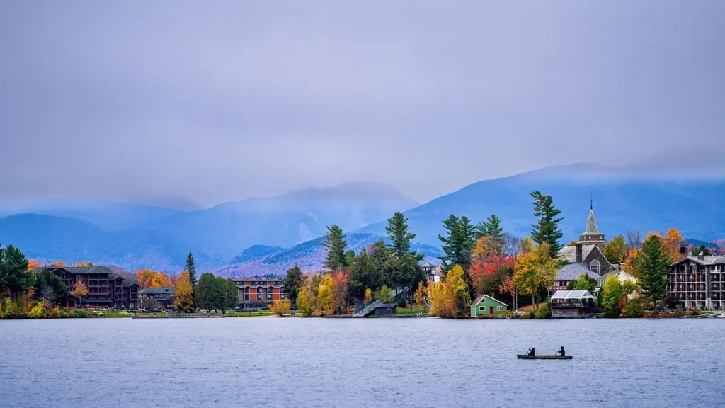 View of Mirror Lake with autumn foliage and mountains in the Adirondacks