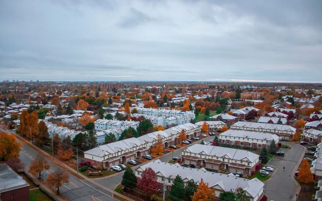 Aerial view of suburban Kitchener, Ontario in fall with colorful foliage