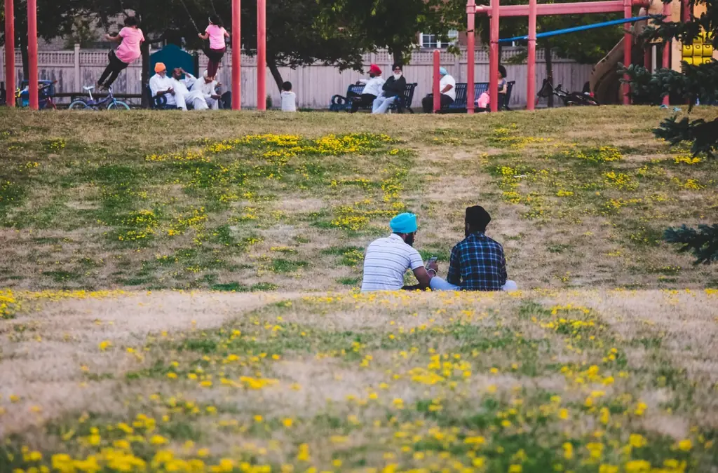 Afternoon in a vibrant park in Brampton with groups enjoying outdoor activities