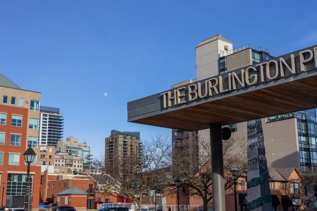 View of city skyline with visible Burlington sign, day time