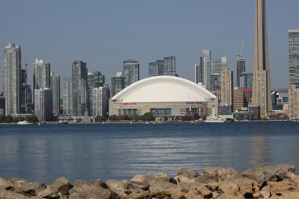 Skyline of Toronto with CN Tower and Rogers Centre by the waterfront