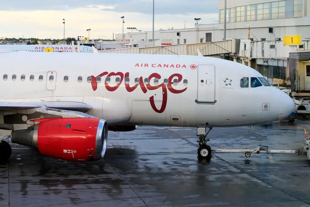 Air Canada Rouge airplane parked at airport gate after landing