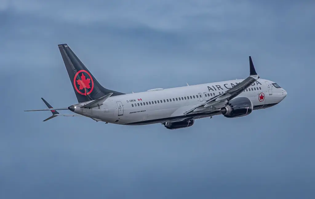 A Boeing 737 aircraft of Air Canada flying against a clear blue sky