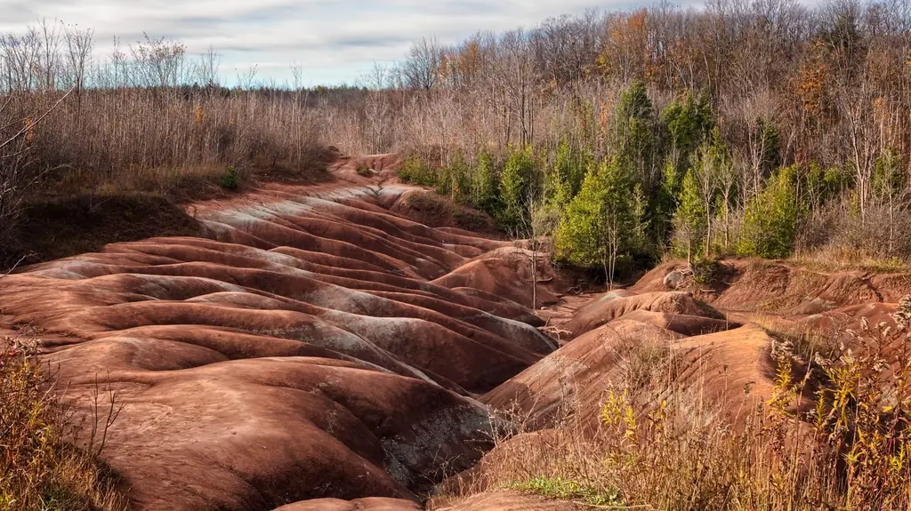 Fascinating Cheltenham Badlands landscape in Caledon, Ontario, with its unique terrain and fall foliage