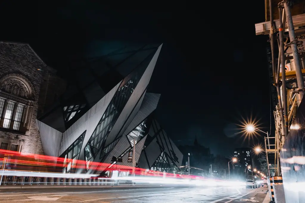 Long exposure shot of the Michael Lee-Chin Crystal in downtown Toronto at night