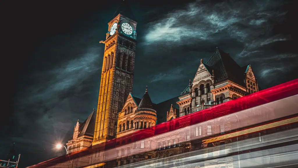 Night view of Old City Hall in Toronto with light trails and dark sky