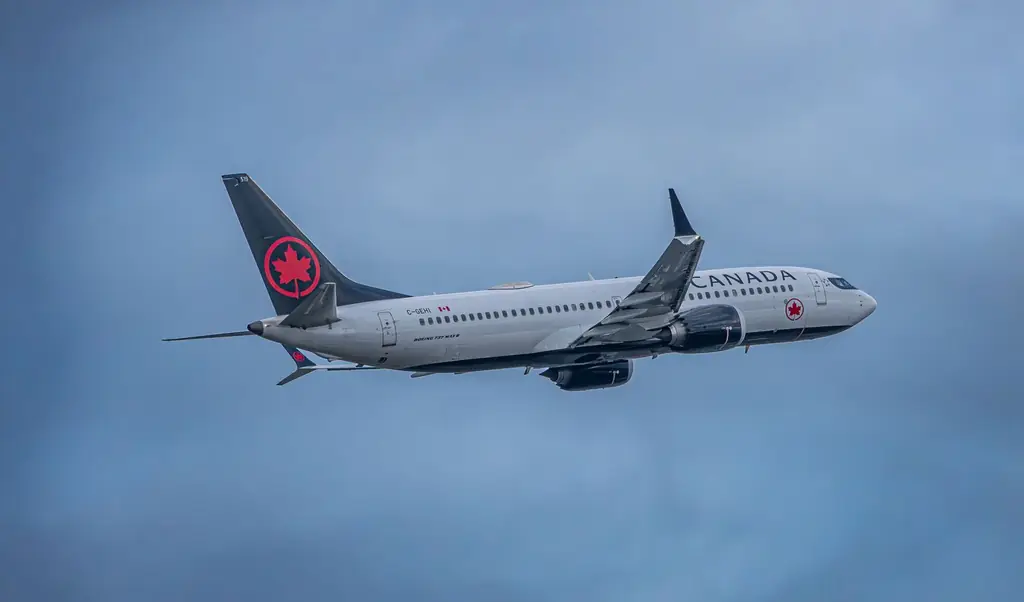 Air Canada airplane soaring through a cloudy sky