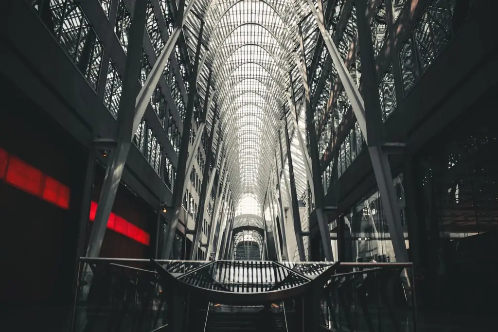 Glass and steel arches of the Brookfield Place galleria in Toronto