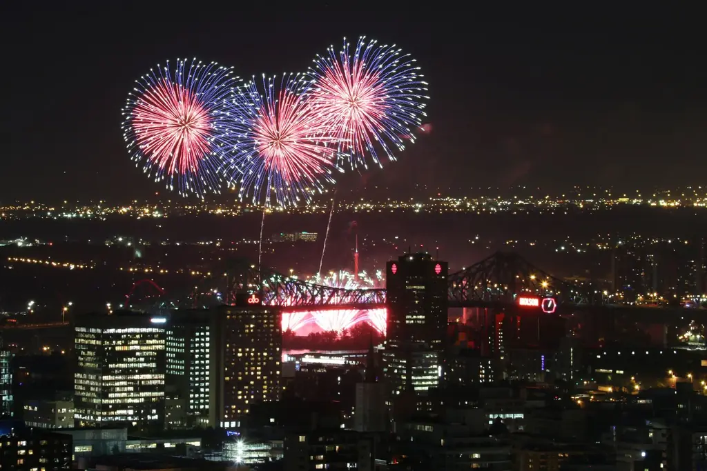 Fireworks display illuminating Montreal's skyline and iconic Jacques Cartier Bridge during a festive night