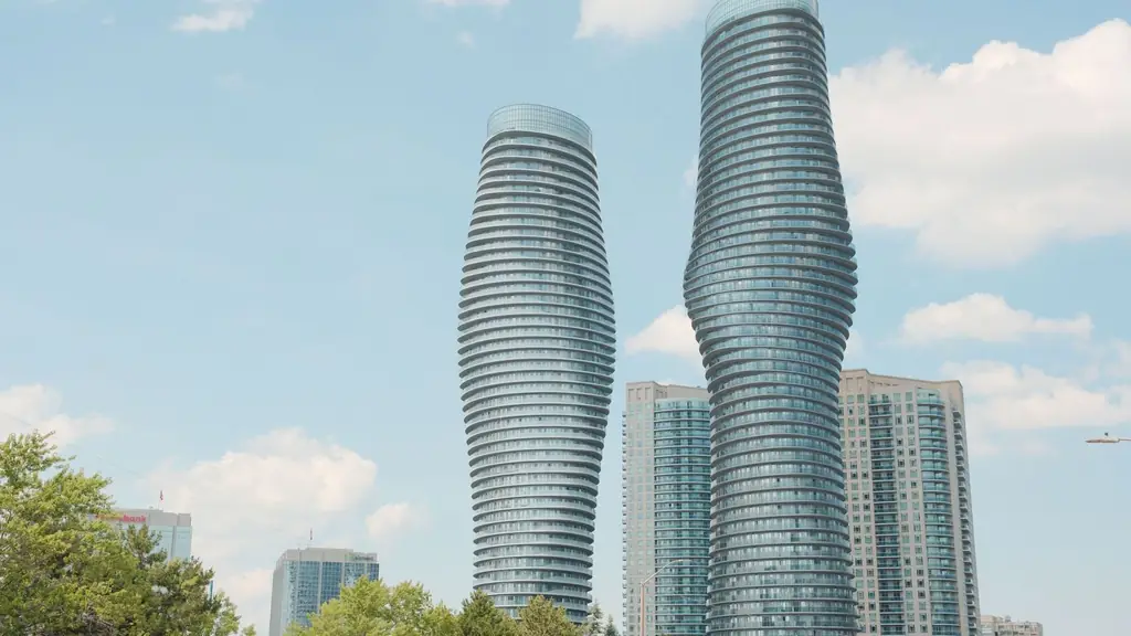 Absolute Towers of Mississauga, also known as the Marilyn Monroe Towers, against a bright blue sky