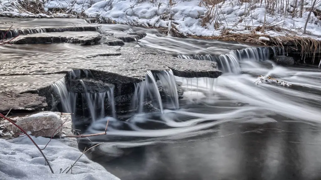 Winter creek with cascading waterfalls and snow-covered rocks in Mississauga