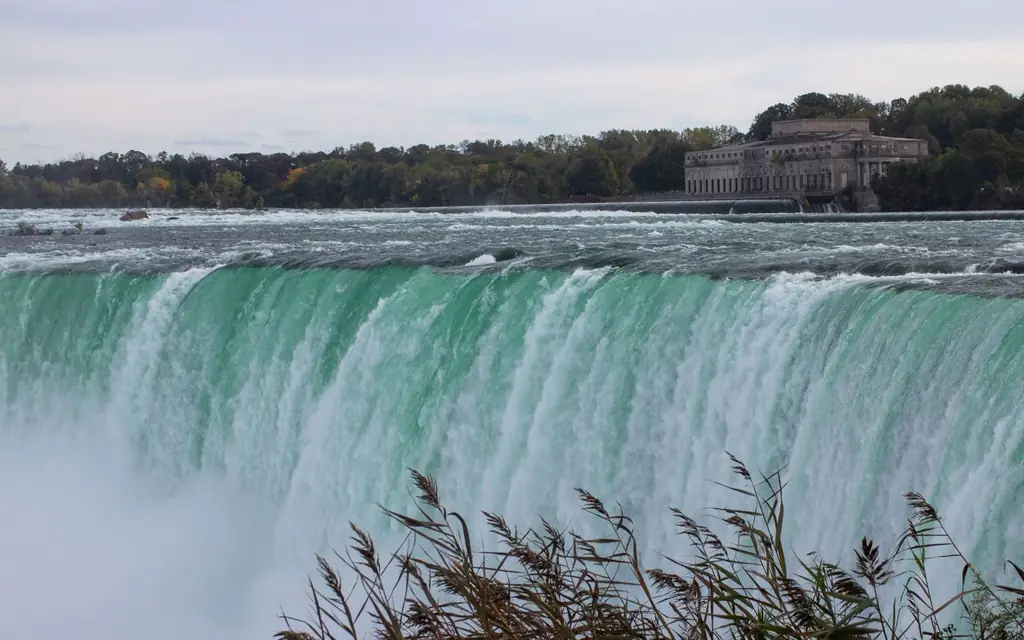 Image capturing the powerful flow of Niagara Falls against an autumn backdrop