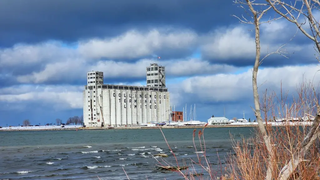 View of Collingwood Terminals on a winter day with cloudy skies and waterfront