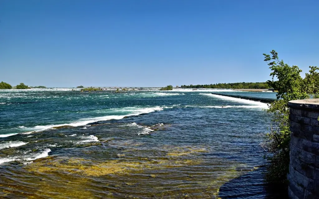 View of the Niagara River in Ontario, Canada, under a clear blue sky