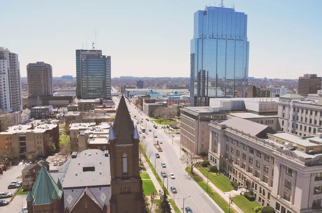 Aerial cityscape of London, Ontario with modern architecture and busy streets