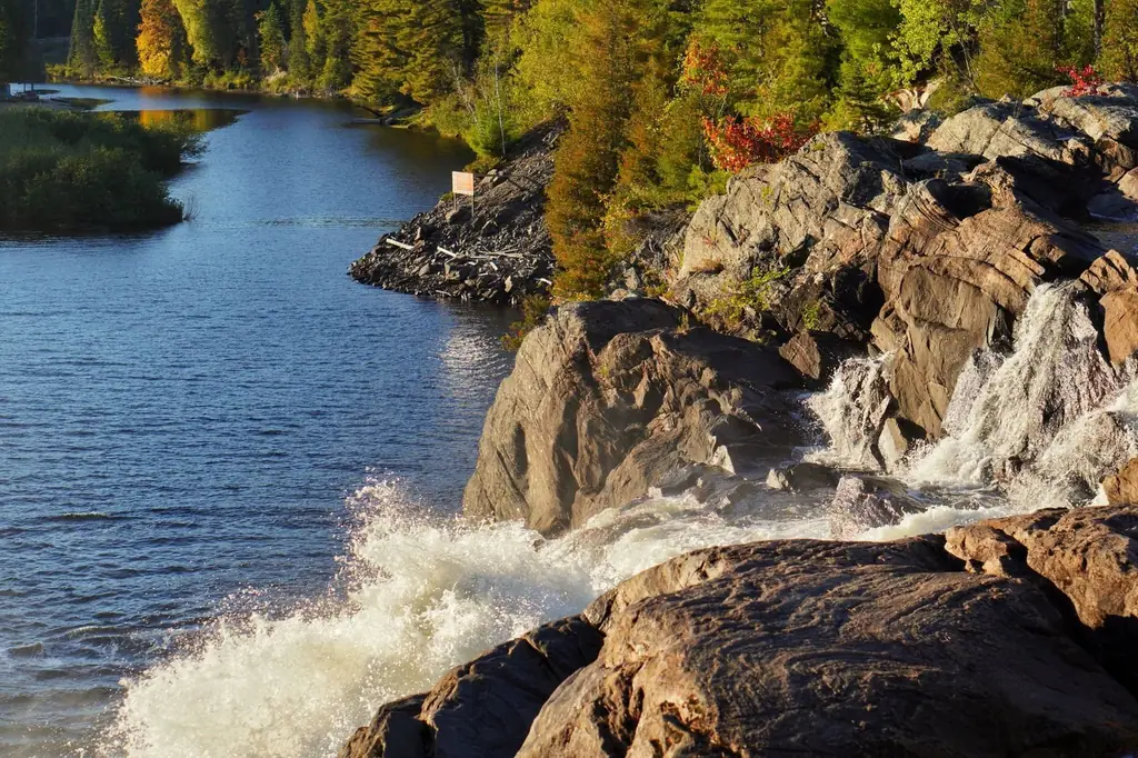 Waterfall amid autumn foliage in Bracebridge, Ontario captures nature's serenity