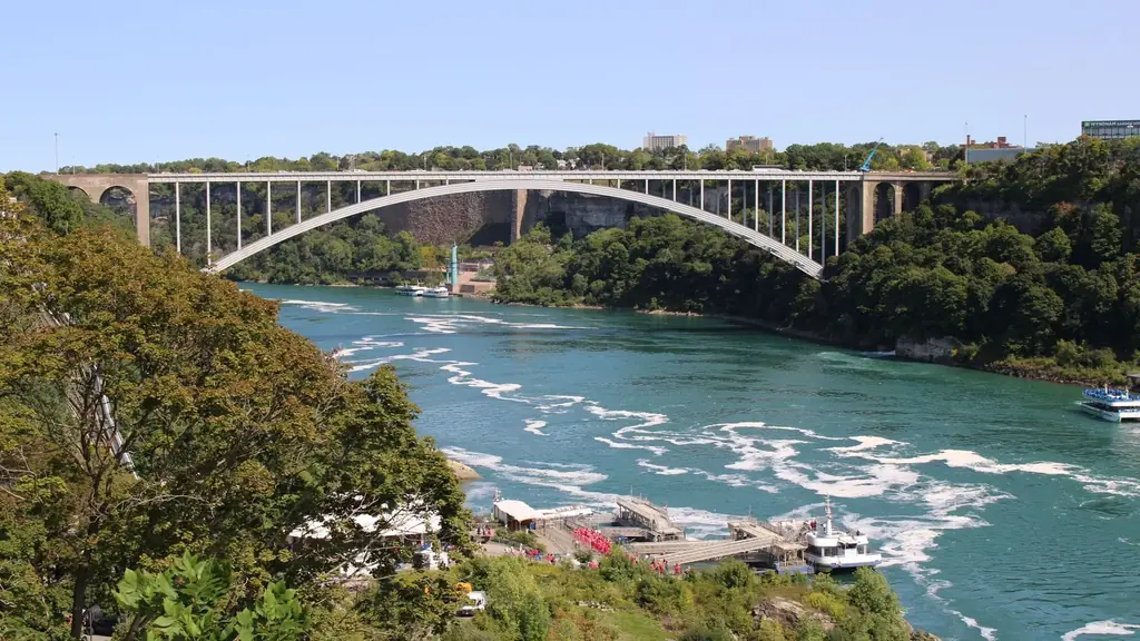 View of the Rainbow Bridge stretching over the Niagara River in Ontario, Canada