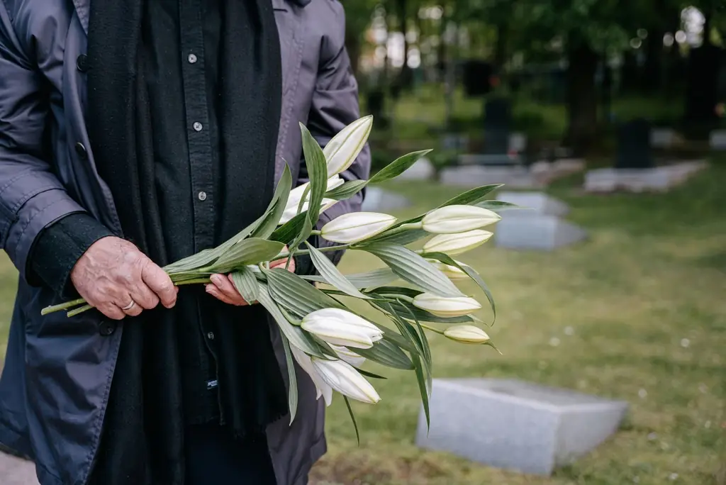 Close-up of a person holding white lilies in a cemetery on a peaceful day