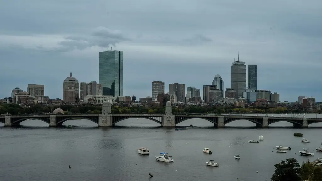 Boston's cityscape with a view of the Longfellow Bridge and the Charles River under a cloudy sky