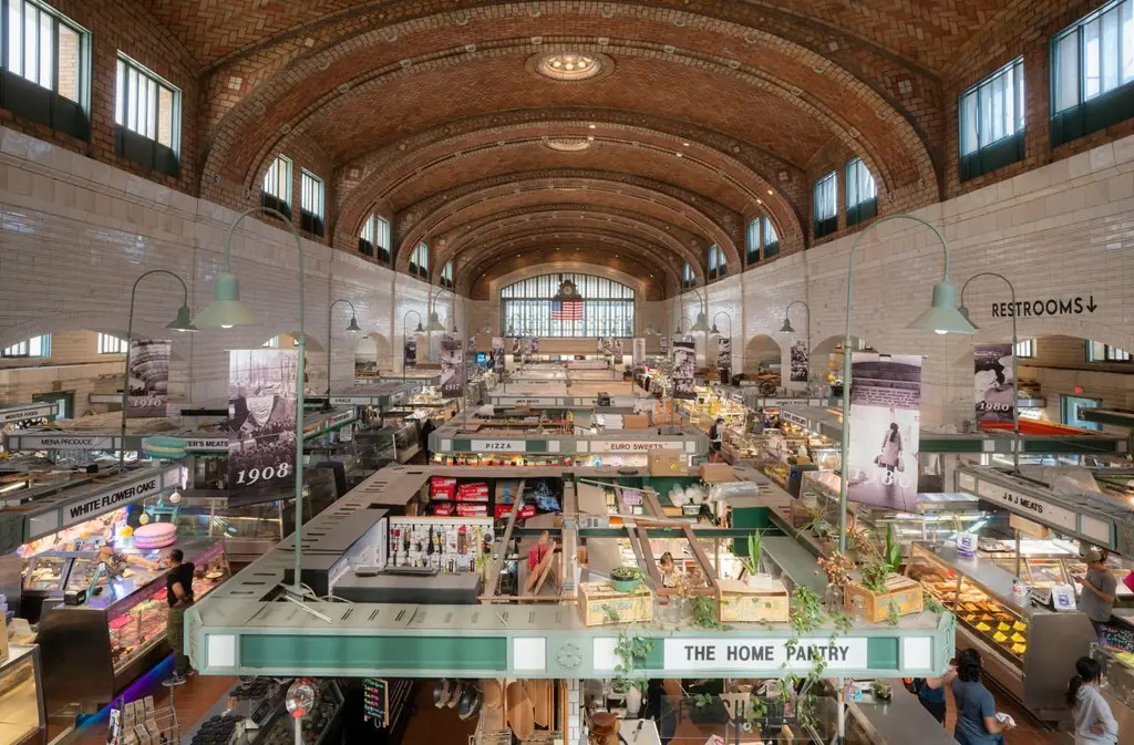 View of Cleveland's historic West Side Market showcasing various food stalls and architectural details