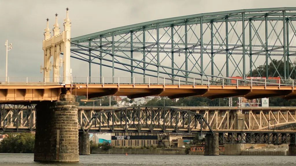A view of multiple steel bridges crossing a river in Pittsburgh
