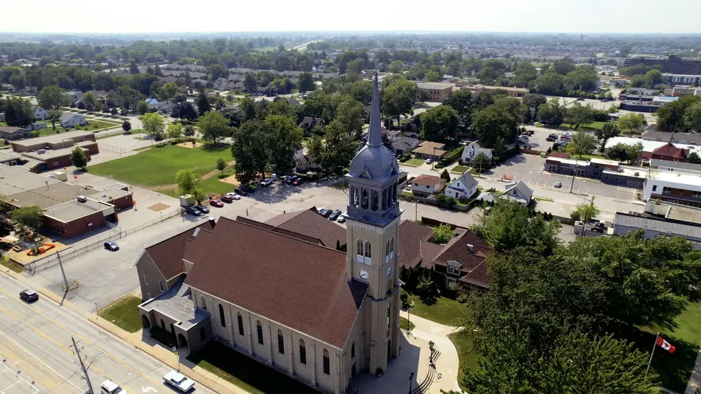 Aerial photograph showcasing a historic church in Windsor with surrounding townscape